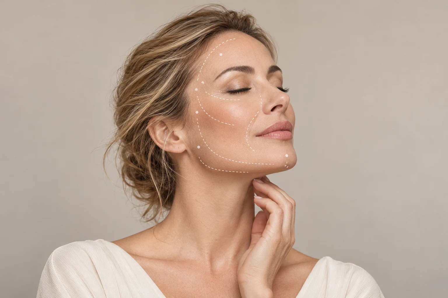 Imagem ilustrativa de harmonização facial, com linhas pontilhadas de planejamento acompanhando os contornos do rosto